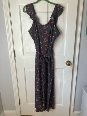 LOFT palazzo pants jumpsuit duffle shoulders charcoal and peach cute EUC